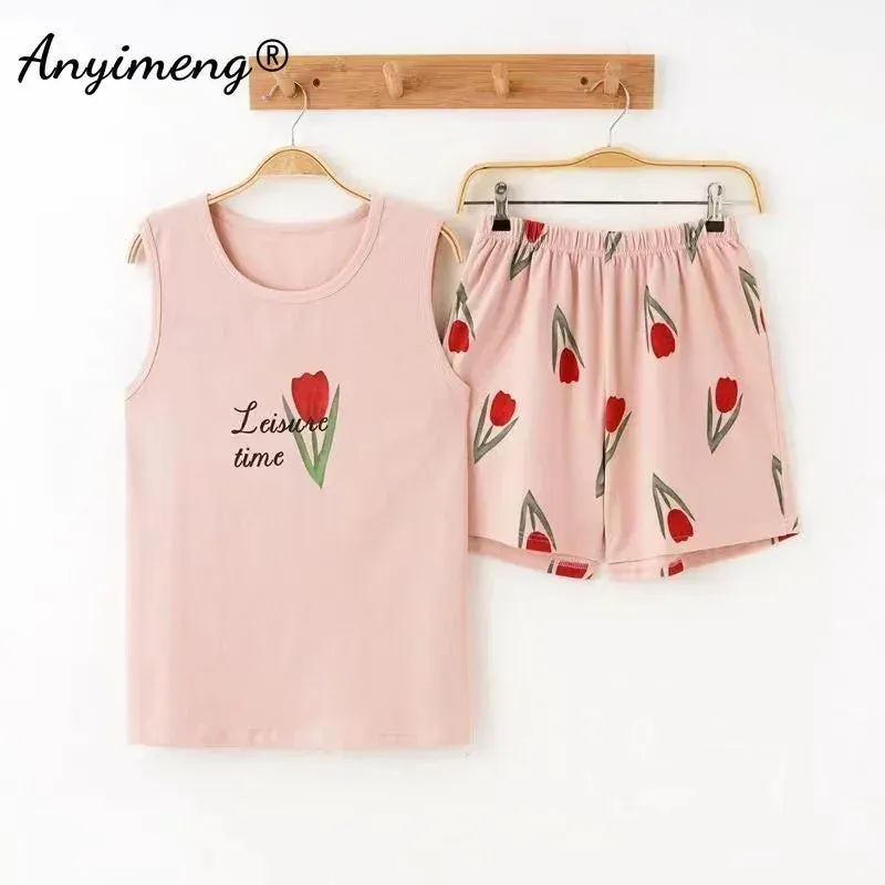 Hot Sleeveless Two Piece Set Summer Green Cotton Pajama Sets for Women Cartoon PJS Fashion Sleepwear Korean Kawaii Nightwear