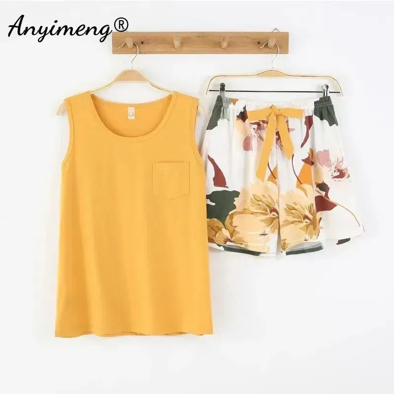 Hot Sleeveless Two Piece Set Summer Green Cotton Pajama Sets for Women Cartoon PJS Fashion Sleepwear Korean Kawaii Nightwear