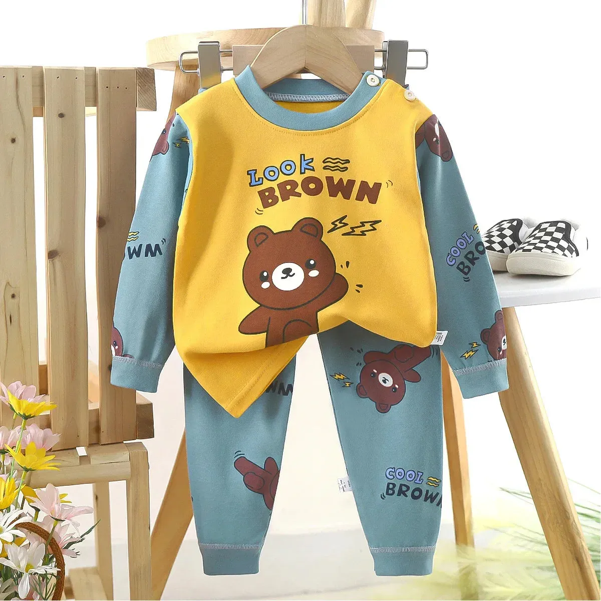 Kids Boys Casual Warm Cotton Pajamas Cute Cartoon Bear Long Sleeve T-Shirt Tops   Pants New Baby Autumn Sleepwear Clothing Sets