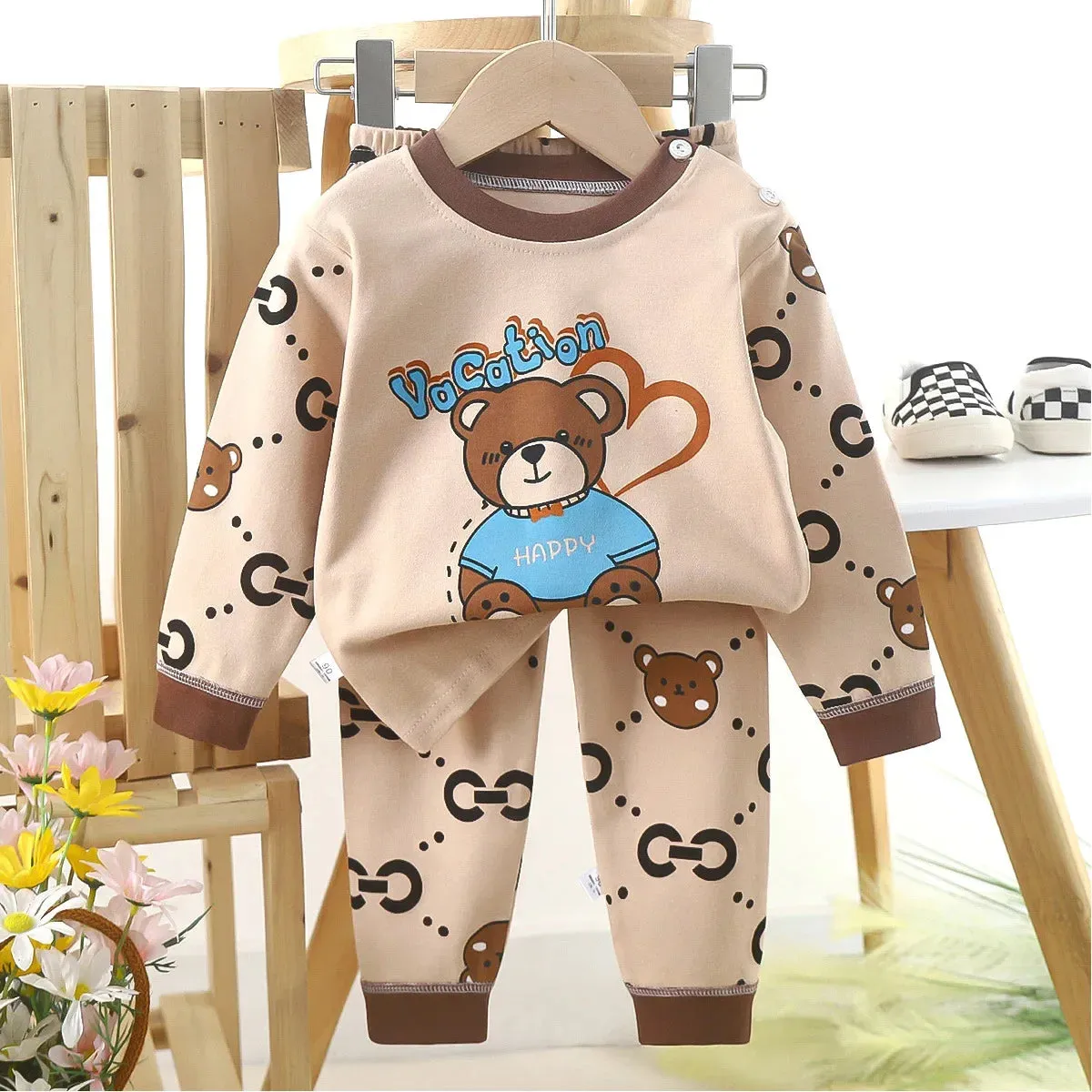 Kids Boys Casual Warm Cotton Pajamas Cute Cartoon Bear Long Sleeve T-Shirt Tops   Pants New Baby Autumn Sleepwear Clothing Sets