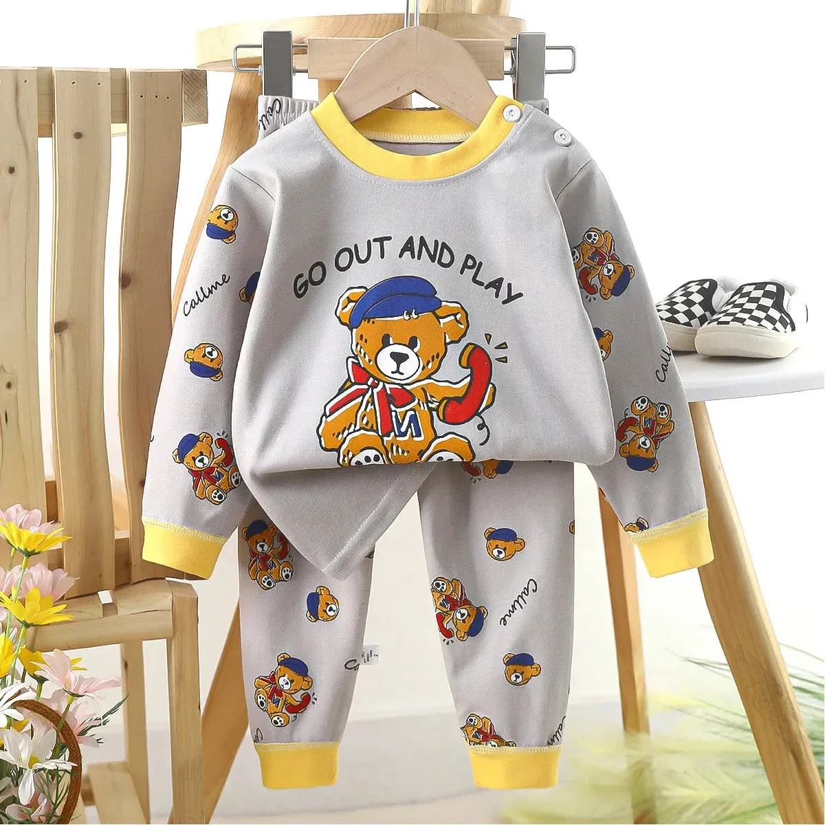 Kids Boys Casual Warm Cotton Pajamas Cute Cartoon Bear Long Sleeve T-Shirt Tops   Pants New Baby Autumn Sleepwear Clothing Sets