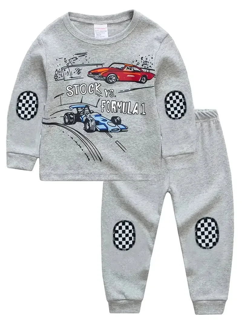 Kids Boys Pajamas Cartoon Car Print Plaid Stitching Round Neck Long Sleeve Top & Pants Set