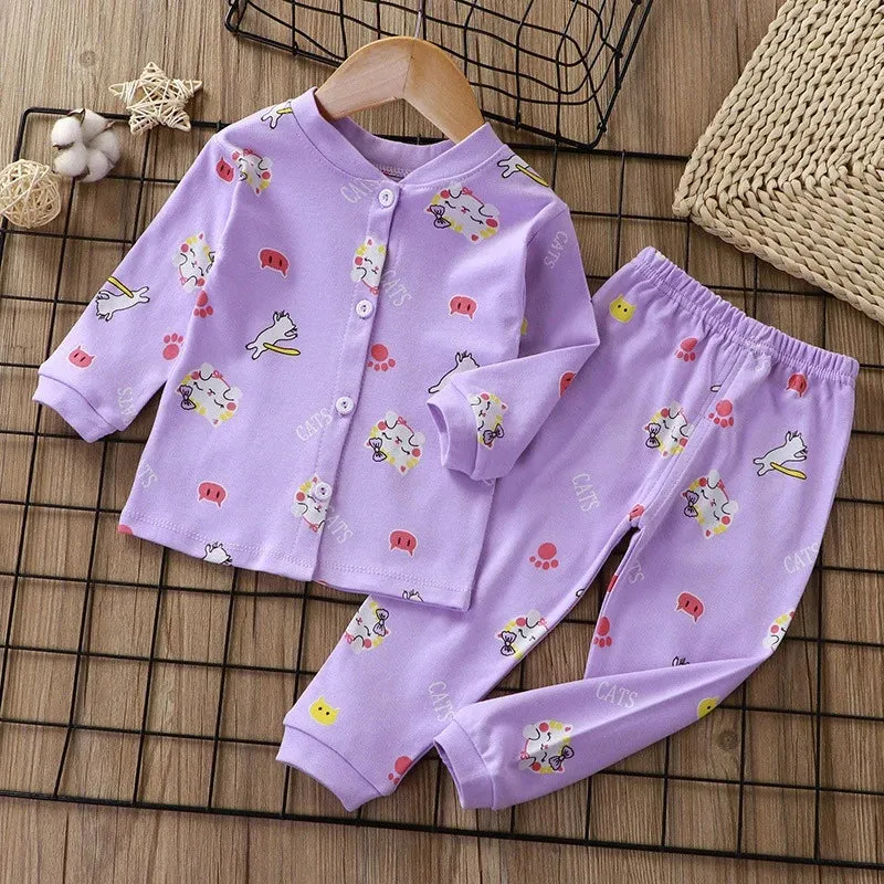 Kids Cotton Pajama Suit for Boy Girls 2-12Y Solid Soft Skin-Friendly Sleepwear with Cute Cartoon Print Long Sleeve Pajama Set