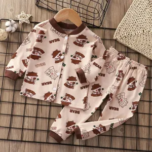 Kids Cotton Pajama Suit for Boy Girls 2-12Y Solid Soft Skin-Friendly Sleepwear with Cute Cartoon Print Long Sleeve Pajama Set