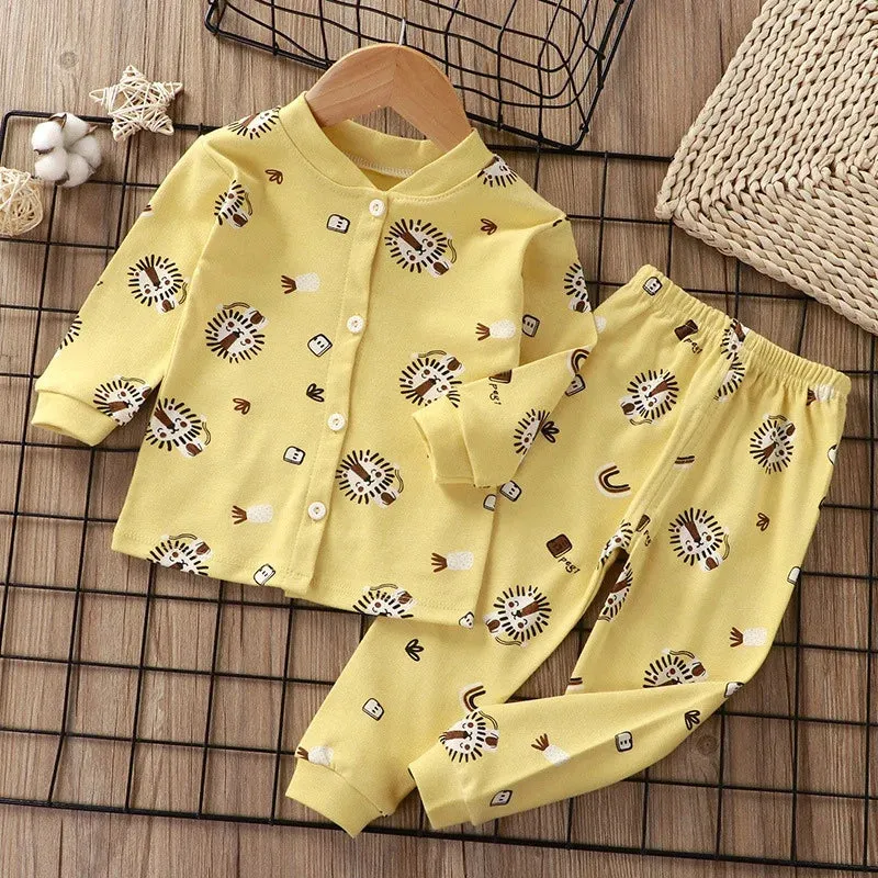 Kids Cotton Pajama Suit for Boy Girls 2-12Y Solid Soft Skin-Friendly Sleepwear with Cute Cartoon Print Long Sleeve Pajama Set