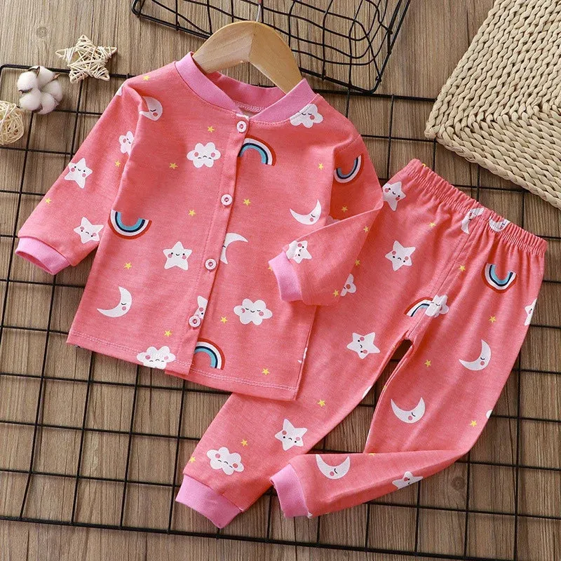 Kids Cotton Pajama Suit for Boy Girls 2-12Y Solid Soft Skin-Friendly Sleepwear with Cute Cartoon Print Long Sleeve Pajama Set