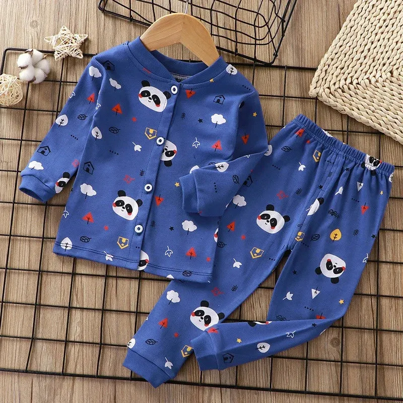 Kids Cotton Pajama Suit for Boy Girls 2-12Y Solid Soft Skin-Friendly Sleepwear with Cute Cartoon Print Long Sleeve Pajama Set