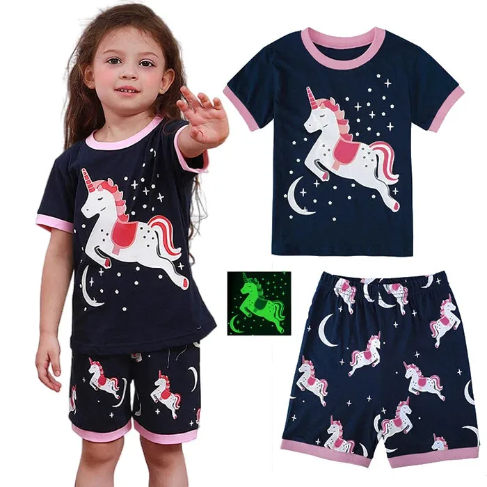 Kids Girls Unicorn Pajamas Set Toddler Summer Sleepwear Cartoon Birthdday Gift Short Sleeve Nightwear Clothes 3-10Y