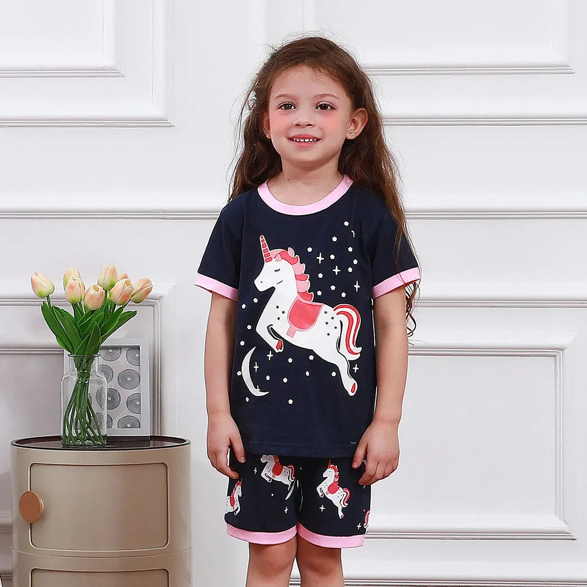 Kids Girls Unicorn Pajamas Set Toddler Summer Sleepwear Cartoon Birthdday Gift Short Sleeve Nightwear Clothes 3-10Y