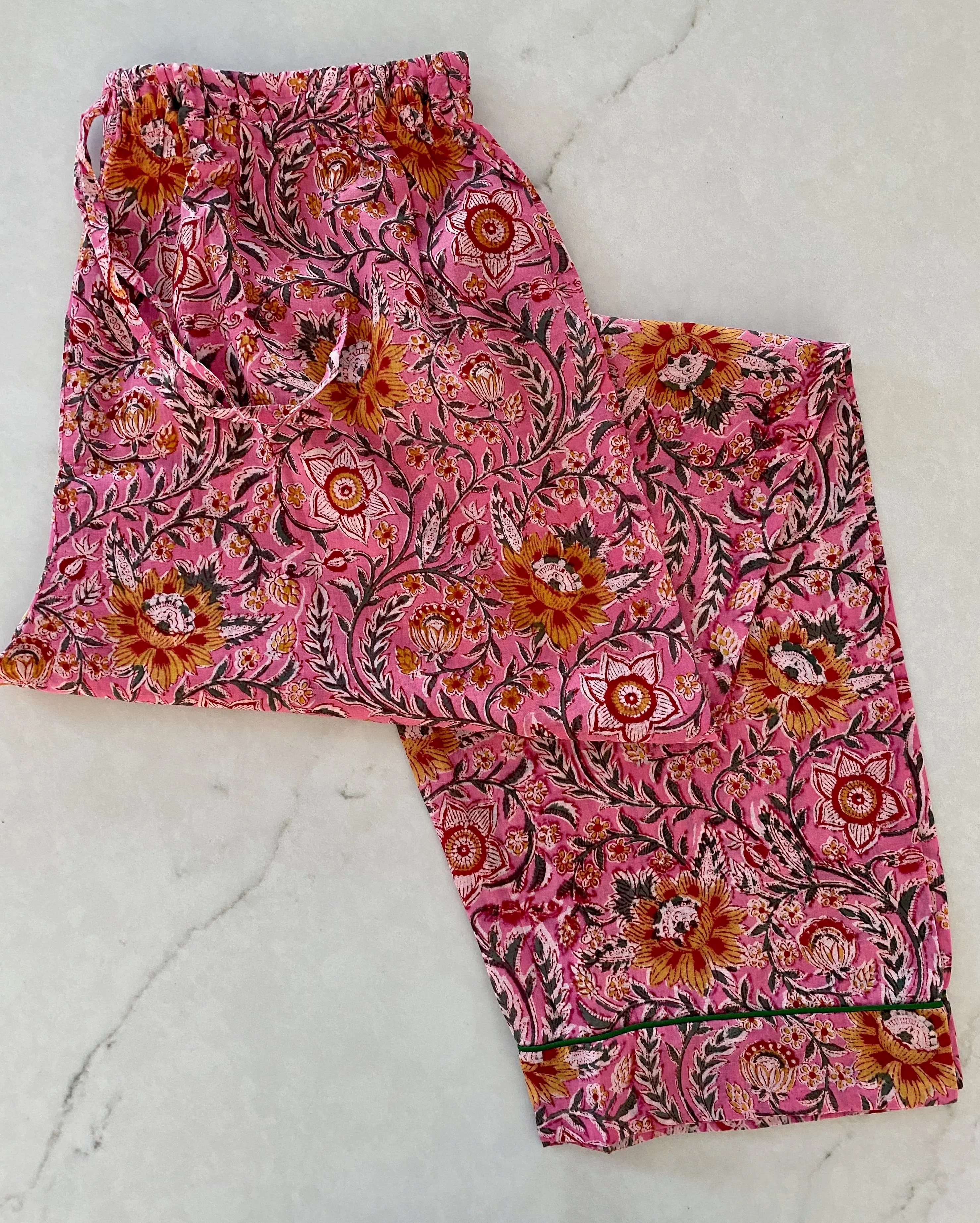 Long PJ Set in Pink Floral Block Print