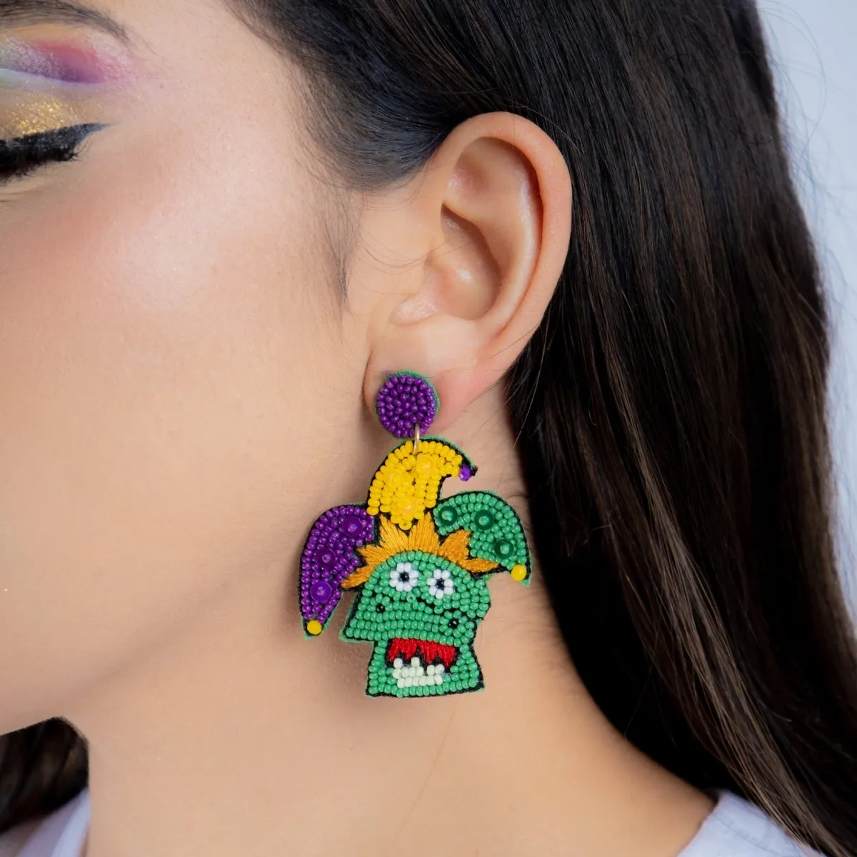 Mardi Gras Jester Face Beaded Earrings