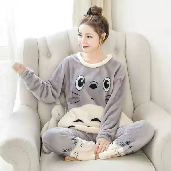 New 2021 Autumn Winter Warm Flannel Women Pijama Sets Thick Coral Velvet Long Sleeve Cute Sleepwear Set Thin Flannel Pajamas Set