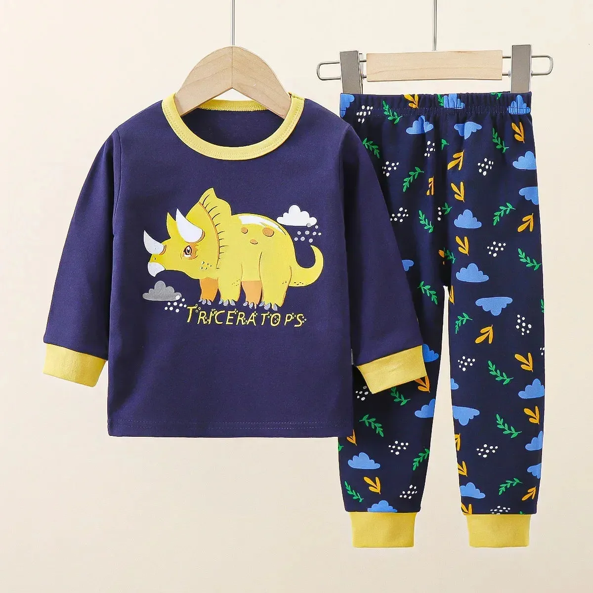 New Baby Boys Girls Warm Pajamas Kids Cute Cartoon Dinosaur O-neck T-Shirt Tops   Pants Pyjamas Autumn Underwear Clothing Sets