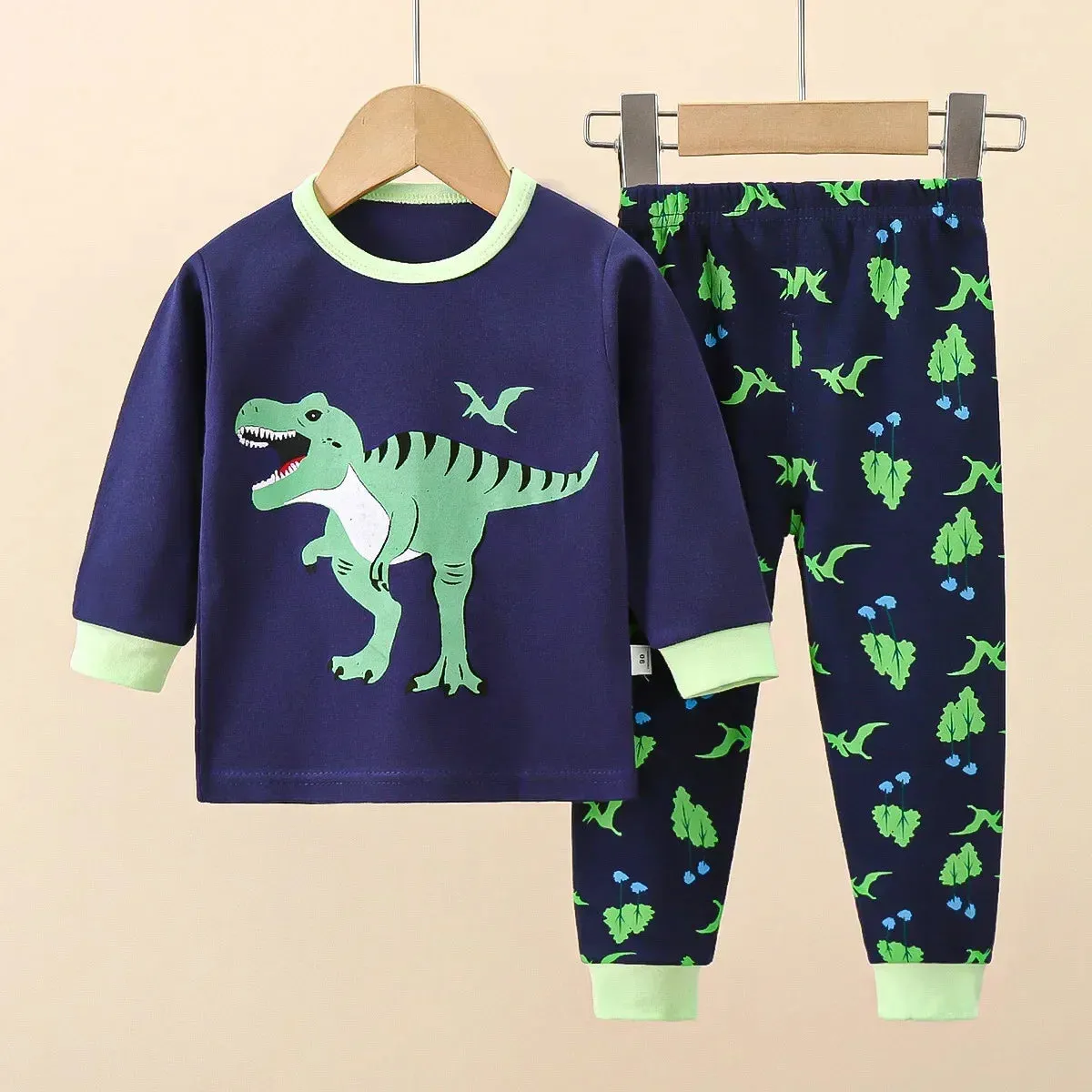 New Baby Boys Girls Warm Pajamas Kids Cute Cartoon Dinosaur O-neck T-Shirt Tops   Pants Pyjamas Autumn Underwear Clothing Sets