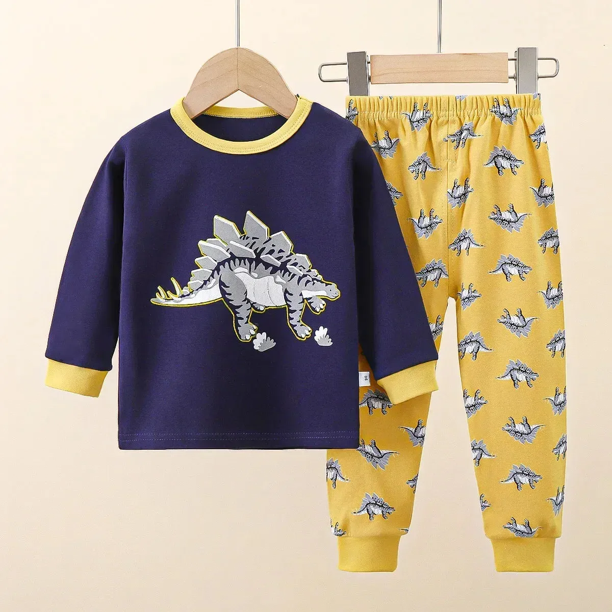 New Baby Boys Girls Warm Pajamas Kids Cute Cartoon Dinosaur O-neck T-Shirt Tops   Pants Pyjamas Autumn Underwear Clothing Sets