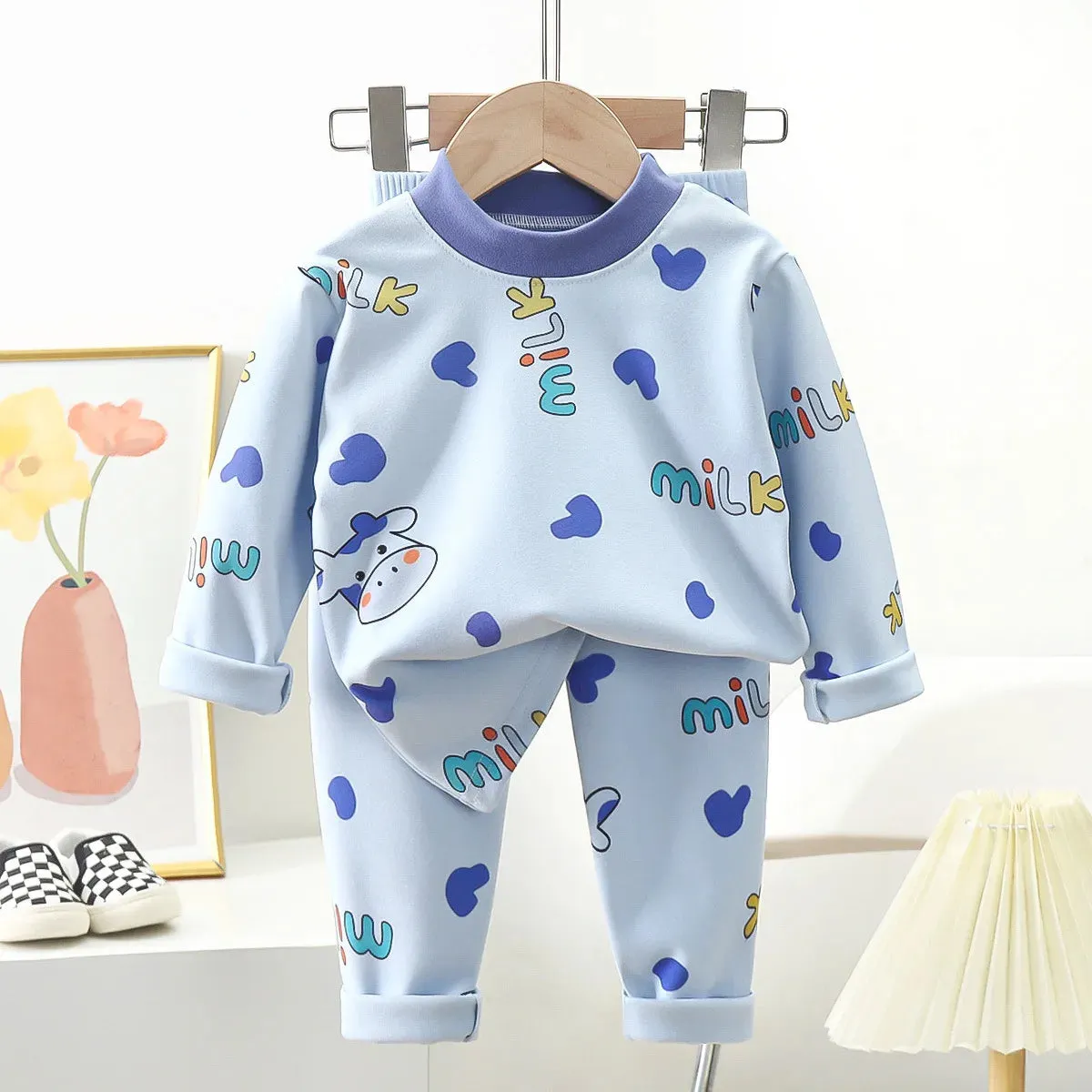 New Kids Autumn Warm Pajamas Boys Girls Cute Cartoon Bear Long Sleeve T-Shirt Top   Pants Baby Sleepwear Underwear Clothing Sets