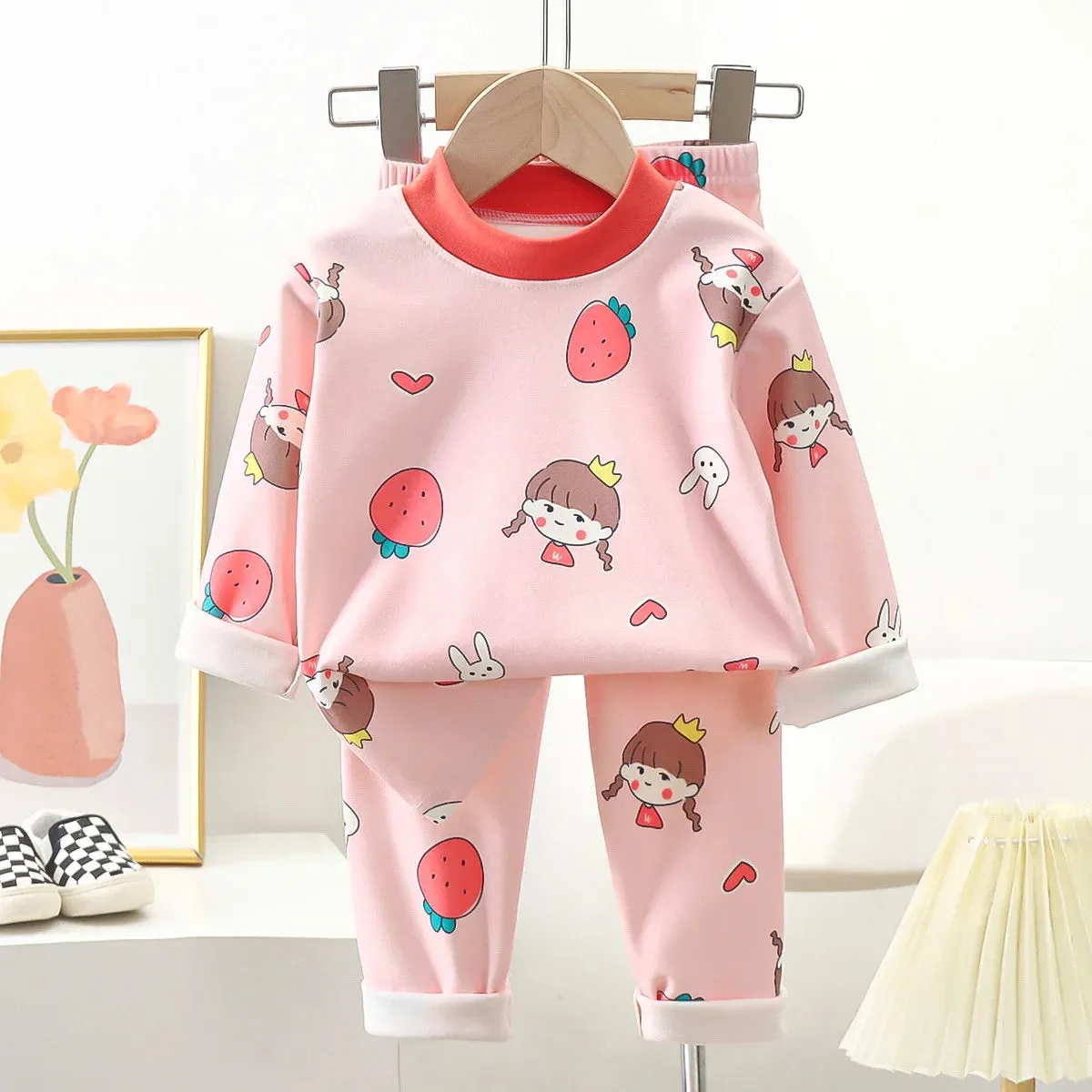 New Kids Autumn Warm Pajamas Boys Girls Cute Cartoon Bear Long Sleeve T-Shirt Top   Pants Baby Sleepwear Underwear Clothing Sets