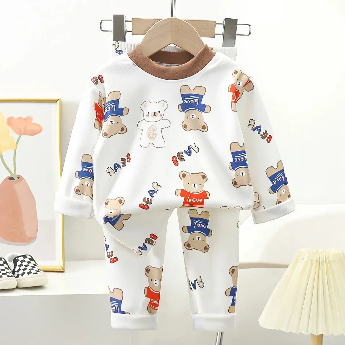 New Kids Autumn Warm Pajamas Boys Girls Cute Cartoon Bear Long Sleeve T-Shirt Top   Pants Baby Sleepwear Underwear Clothing Sets