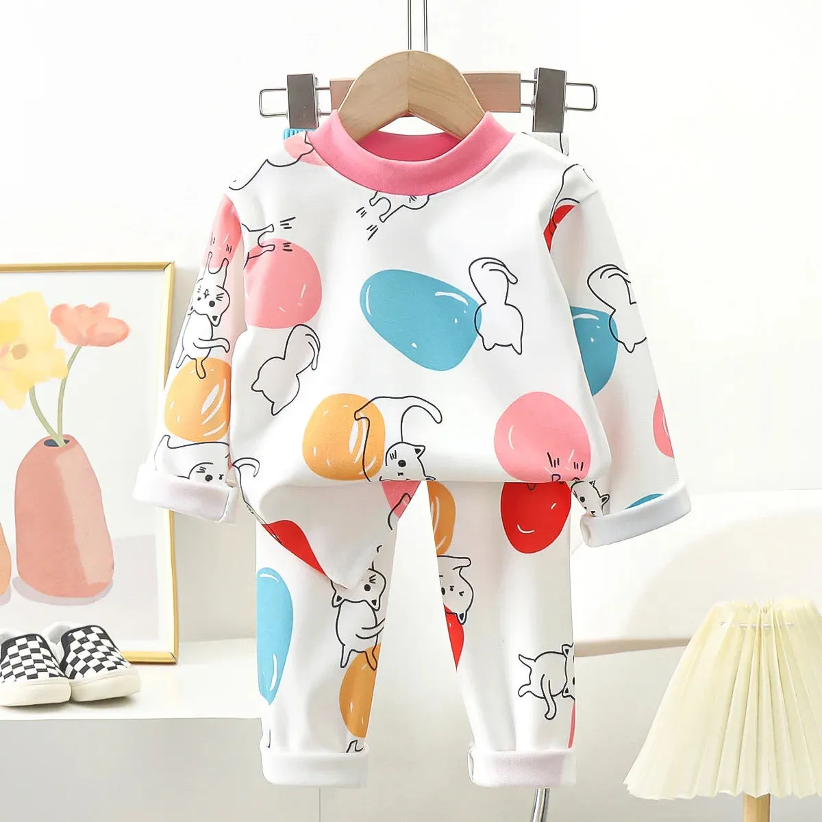 New Kids Autumn Warm Pajamas Boys Girls Cute Cartoon Bear Long Sleeve T-Shirt Top   Pants Baby Sleepwear Underwear Clothing Sets