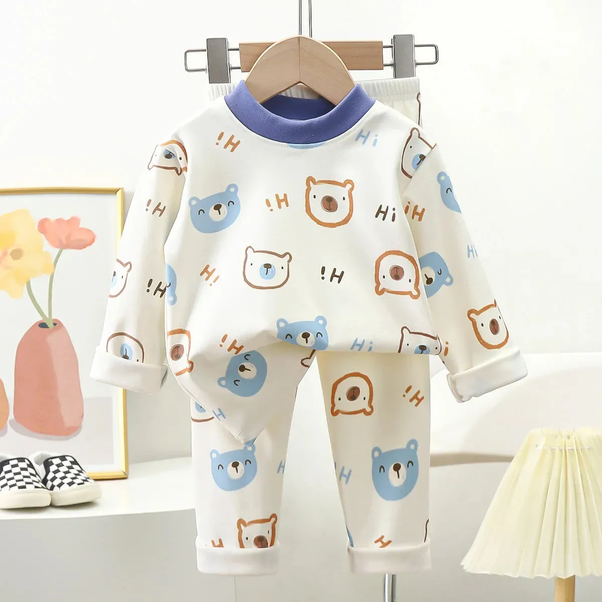 New Kids Autumn Warm Pajamas Boys Girls Cute Cartoon Bear Long Sleeve T-Shirt Top   Pants Baby Sleepwear Underwear Clothing Sets