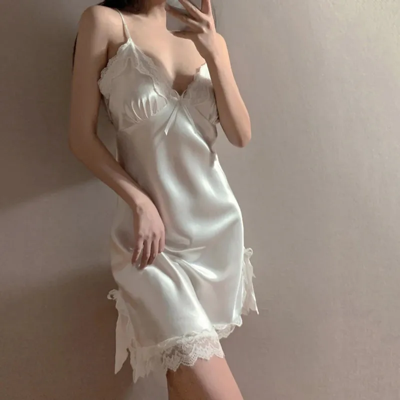 Nightdresses Women Sexy Halter Lace V-neck Sleepwear Female Sleeveless Nightwear Hot Erotic Sleep Nightdress For Ladies