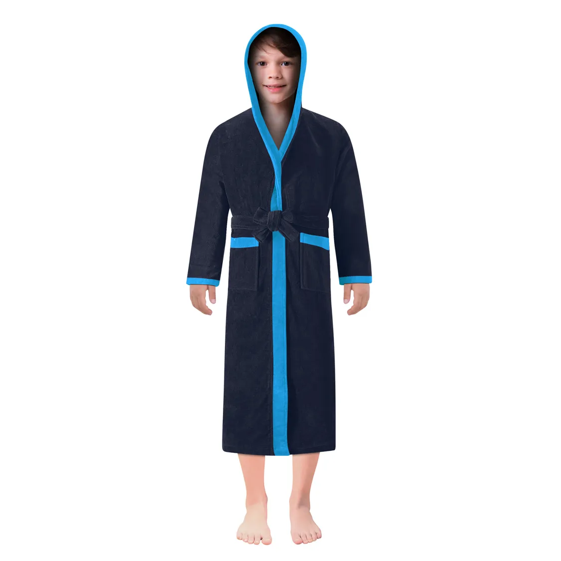 Plush Velour Terry Boys Bathrobe with Tie & Hood Navy