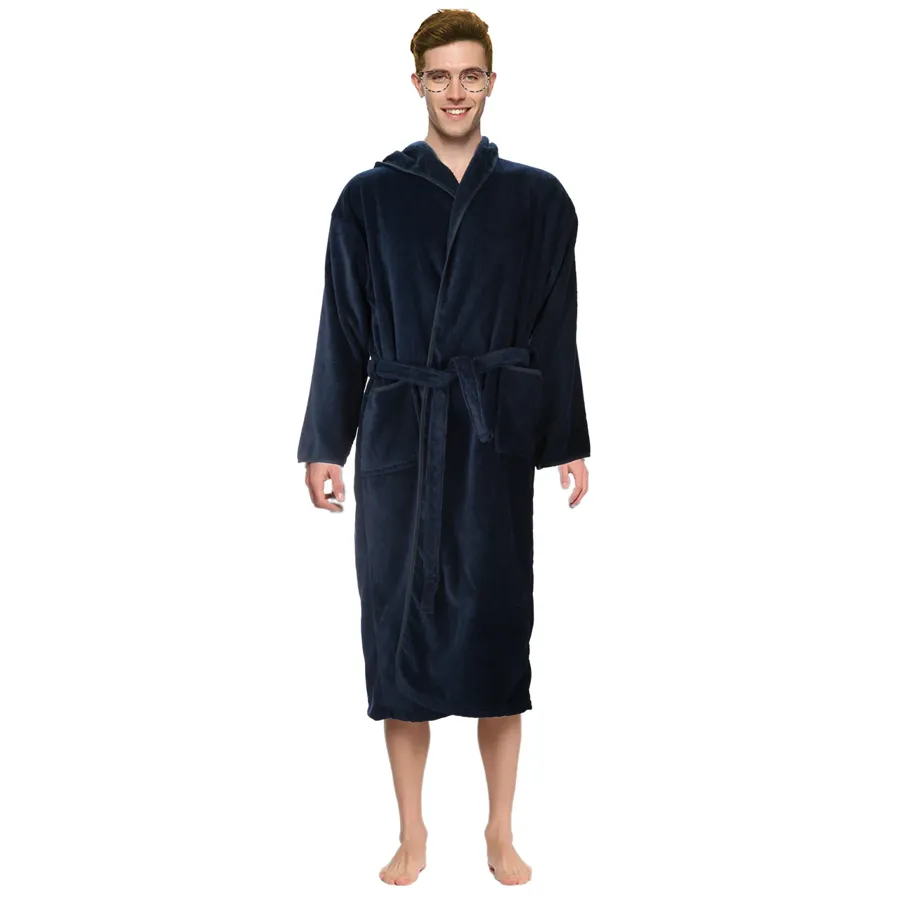 Plush Velour Terry Boys Bathrobe with Tie & Hood Navy