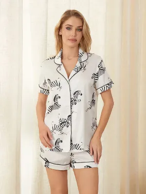 Print Short Sleeve Button-down Top Shorts Sleepwear Zebra Pajamas