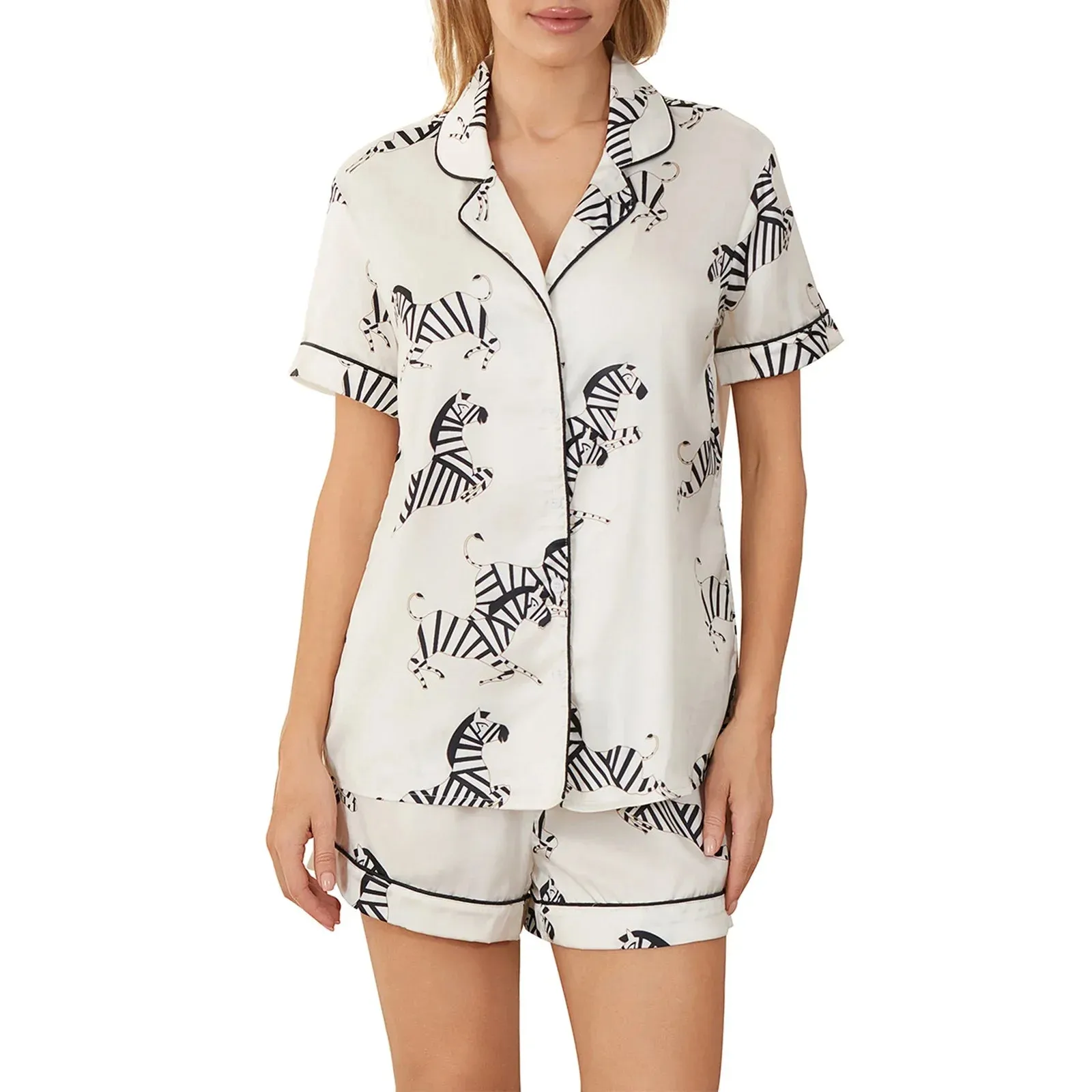 Print Short Sleeve Button-down Top Shorts Sleepwear Zebra Pajamas