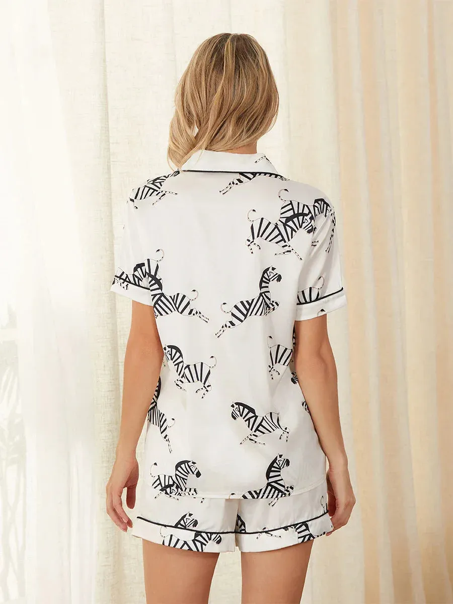 Print Short Sleeve Button-down Top Shorts Sleepwear Zebra Pajamas