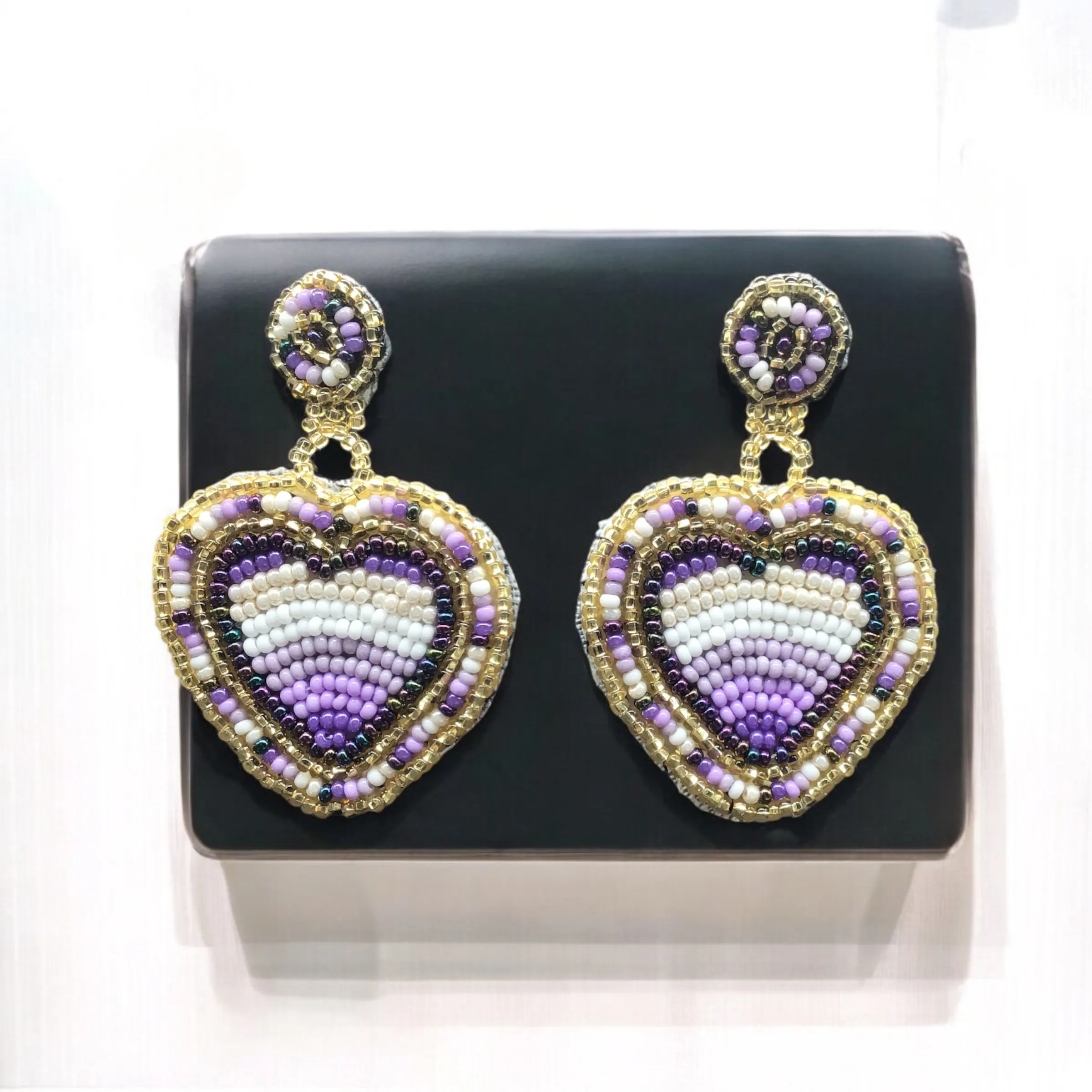 Purple and Golden Heart Beaded Earrings