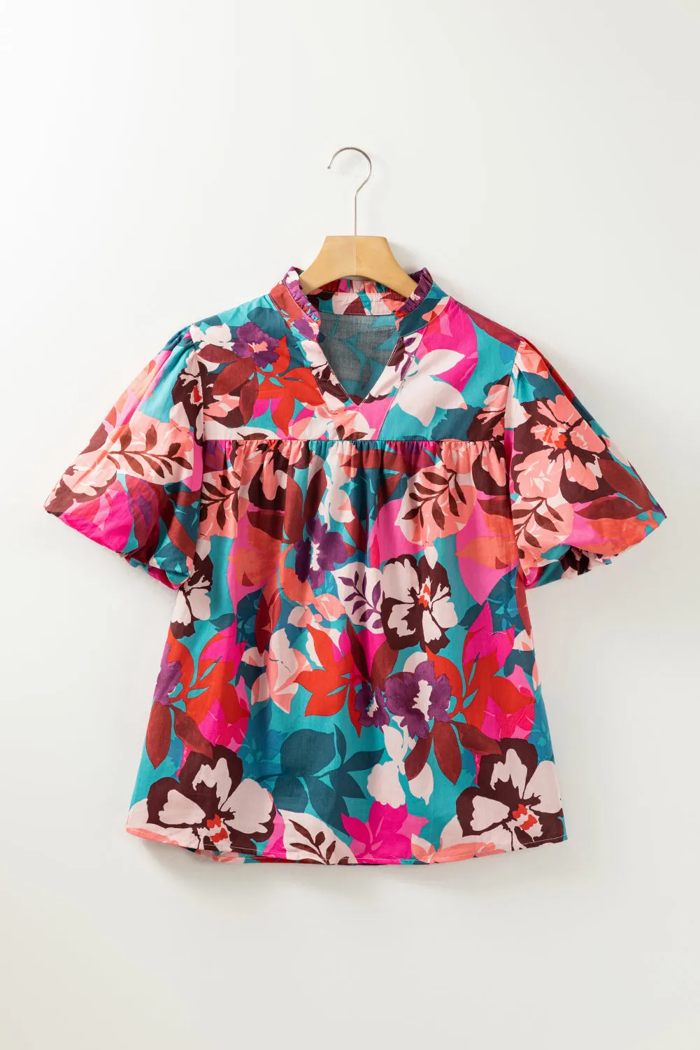 Rose Red Floral Print V-Neck with Puff Sleeve