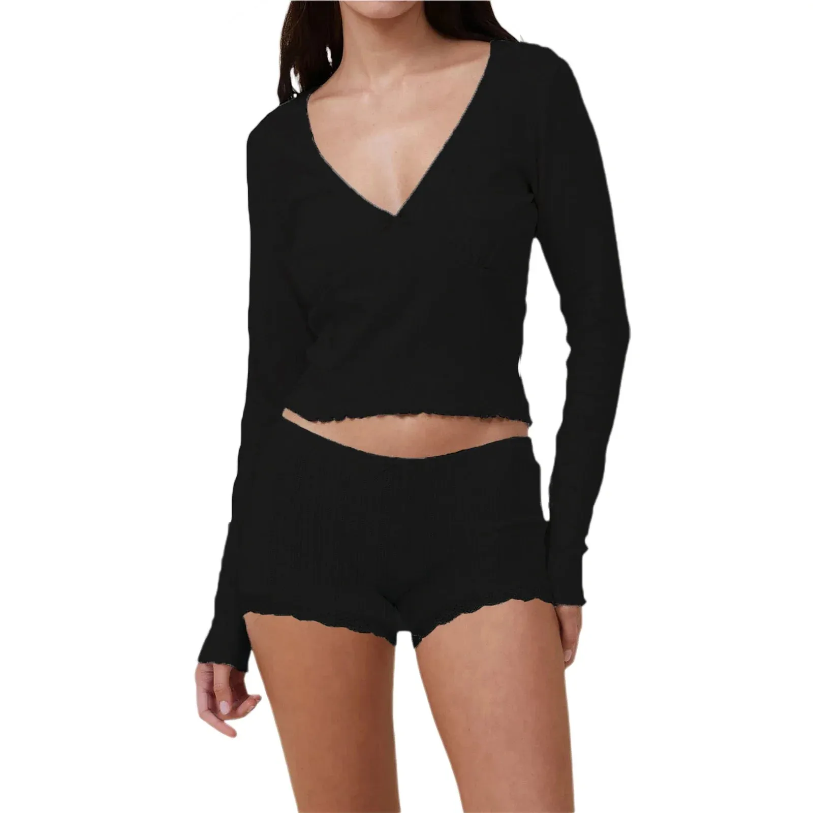 Sleeve Crop Top Bodycon Mini Shorts Matching Nightwear Long Pajamas