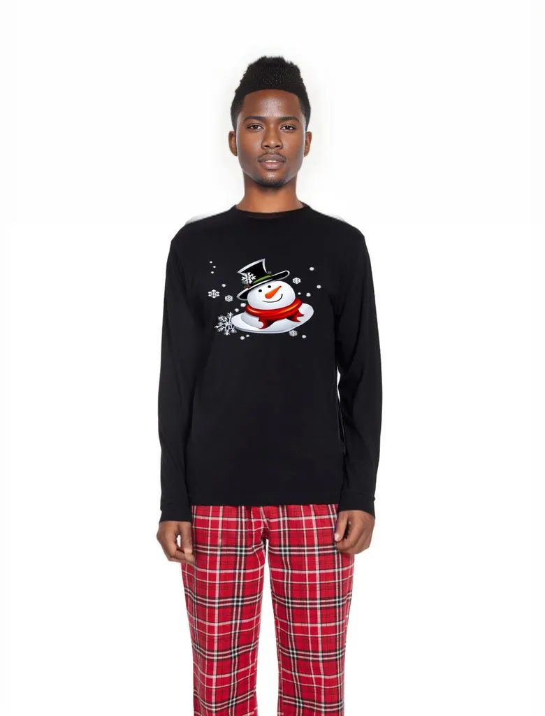 Snow Man's Delight Men's Long Sleeve Top and Flannel Christmas Pajama Set