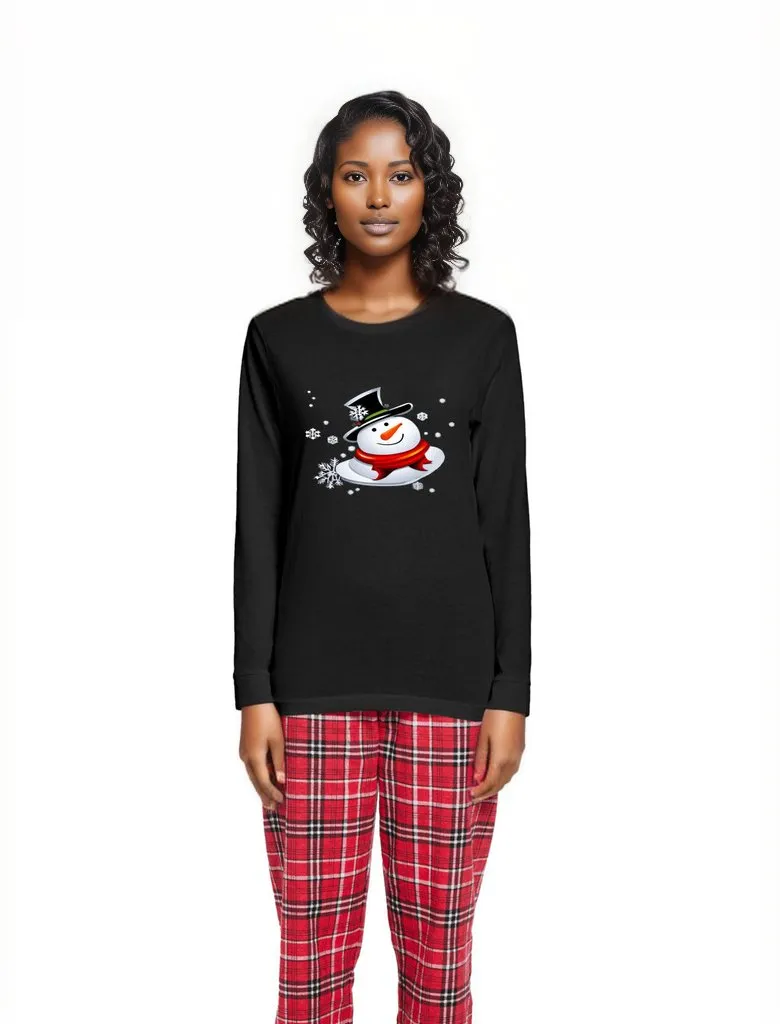 Snow Man's Delight Women's Long Sleeve Top and Flannel Christmas Pajama Set