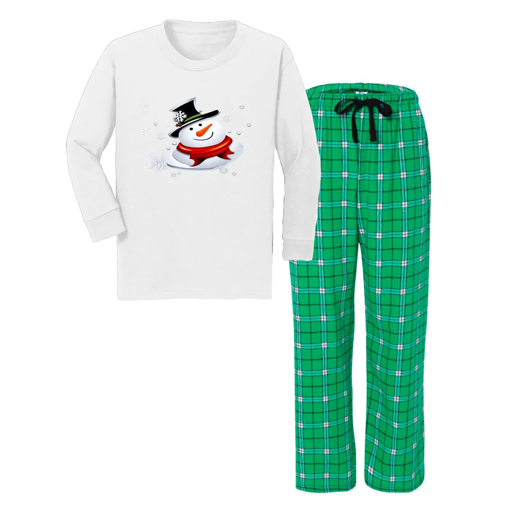 Snow Man's Delight Youth Long Sleeve Top and Flannel Christmas Pajama Set