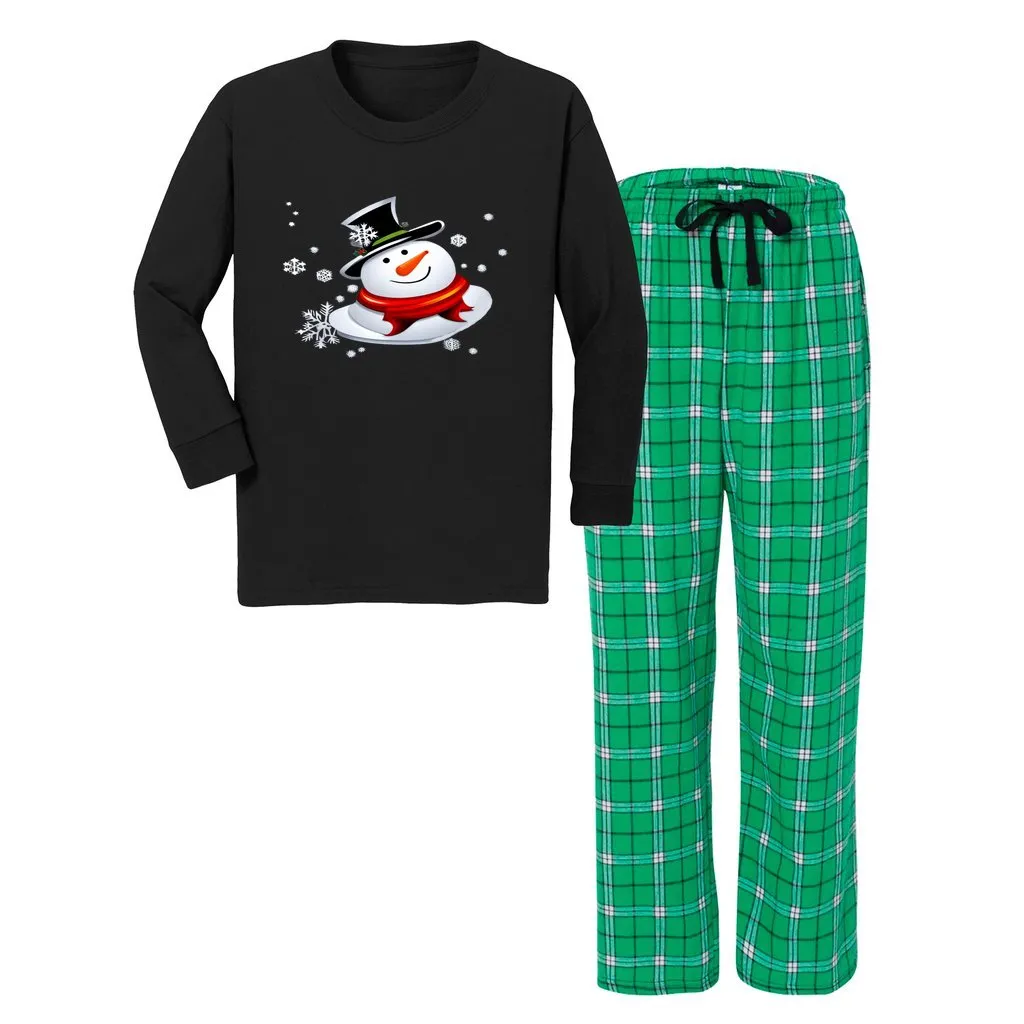 Snow Man's Delight Youth Long Sleeve Top and Flannel Christmas Pajama Set