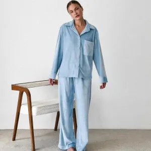 Solid Color Cardigan Long Sleeve Pants Pajamas Ladies Autumn Winter Loose Comfortable Homewear