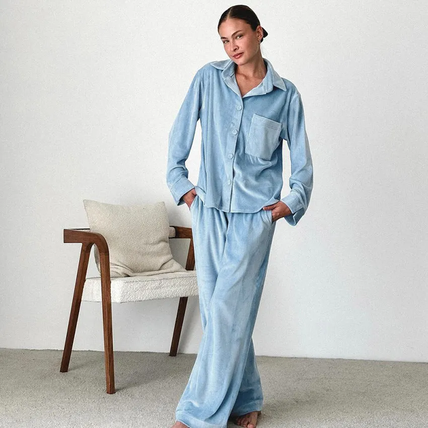 Solid Color Cardigan Long Sleeve Pants Pajamas Ladies Autumn Winter Loose Comfortable Homewear