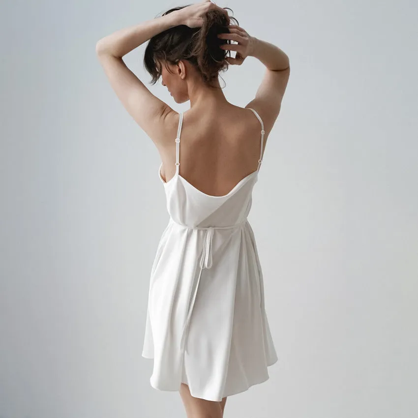 Spring Sexy Slip Nightdress Soft Comfortable White Satin Deep V Plunge Neck Backless Women Home Wear