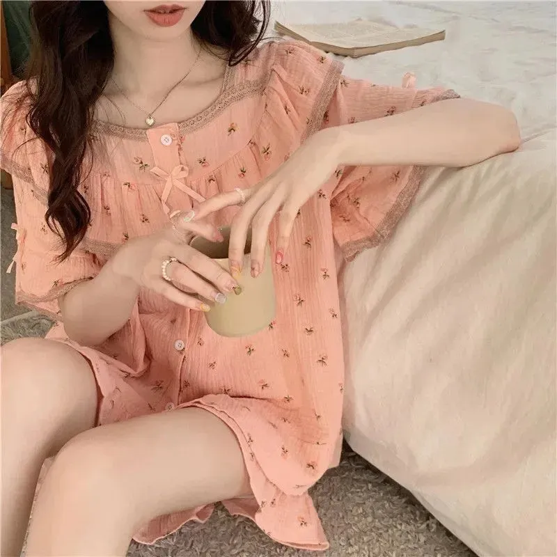 Summer Ladies Pajamas Set Female New Sweet Short-Sleeved Floral Students Short-Sleeved Shorts Bow Girl Pajamas Homewear Set