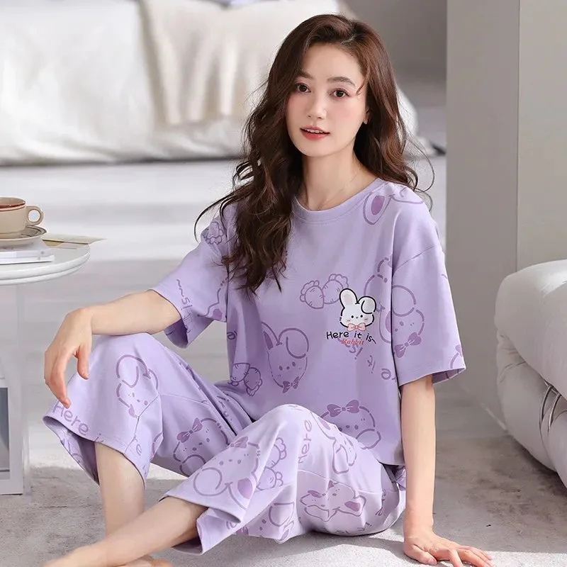 Summer Ladies Two-Piece Pajamas Women Seven Trousers Short-Sleeved Girls New Large Size Pajamas Homewear Suit Leisure Wear