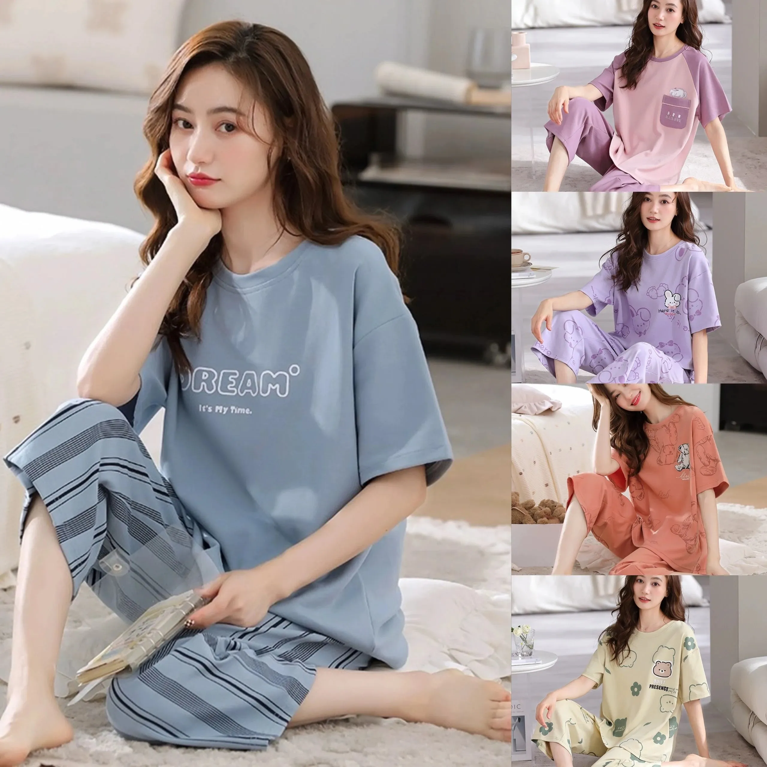 Summer Ladies Two-Piece Pajamas Women Seven Trousers Short-Sleeved Girls New Large Size Pajamas Homewear Suit Leisure Wear