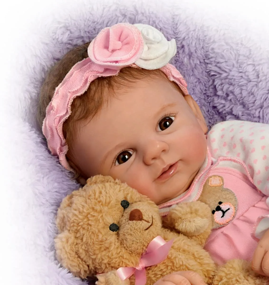 The Ashton-Drake Galleries Unbearably Cute So Truly Real Baby Doll with Plush Teddy Bear by Violet Parker 17"- inches