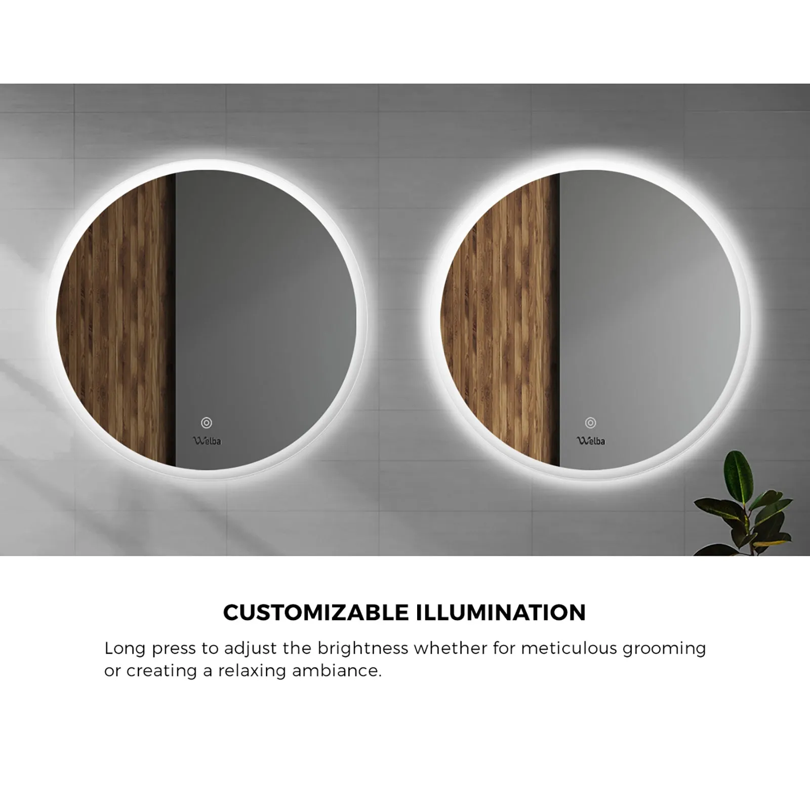 Welba 90cm LED Round Bathroom Mirror Anti-fog Large Makeup Wall Mirrors Vanity