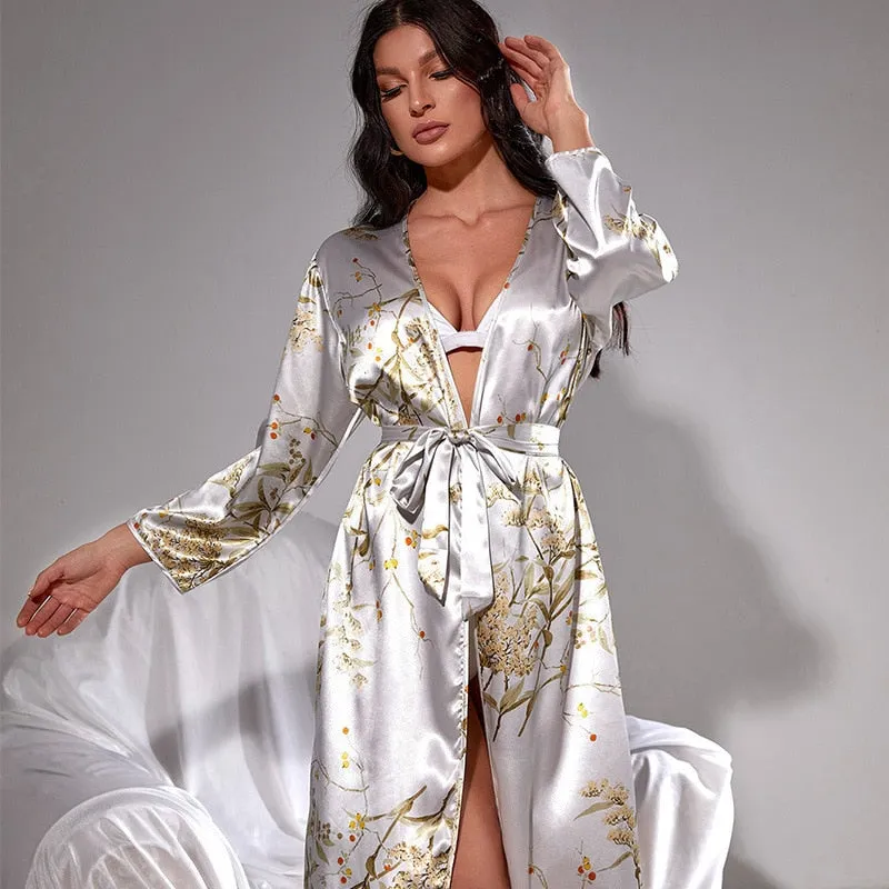 Women's Pajamas Robe Set Sexy Dress Cherry Print Nightgown Deep V Neck Homewear Silk Like Bathrobe Backless Sleepdress