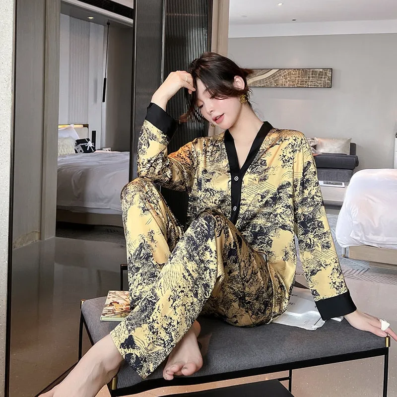 Women's Pajamas Set Luxury Orange Coconut Print Sleepwear Silk Like Homewear V Neck Nightwear Leisure Loungewear