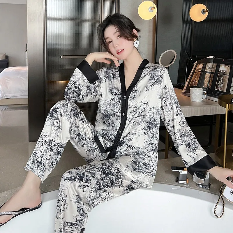 Women's Pajamas Set Luxury Orange Coconut Print Sleepwear Silk Like Homewear V Neck Nightwear Leisure Loungewear