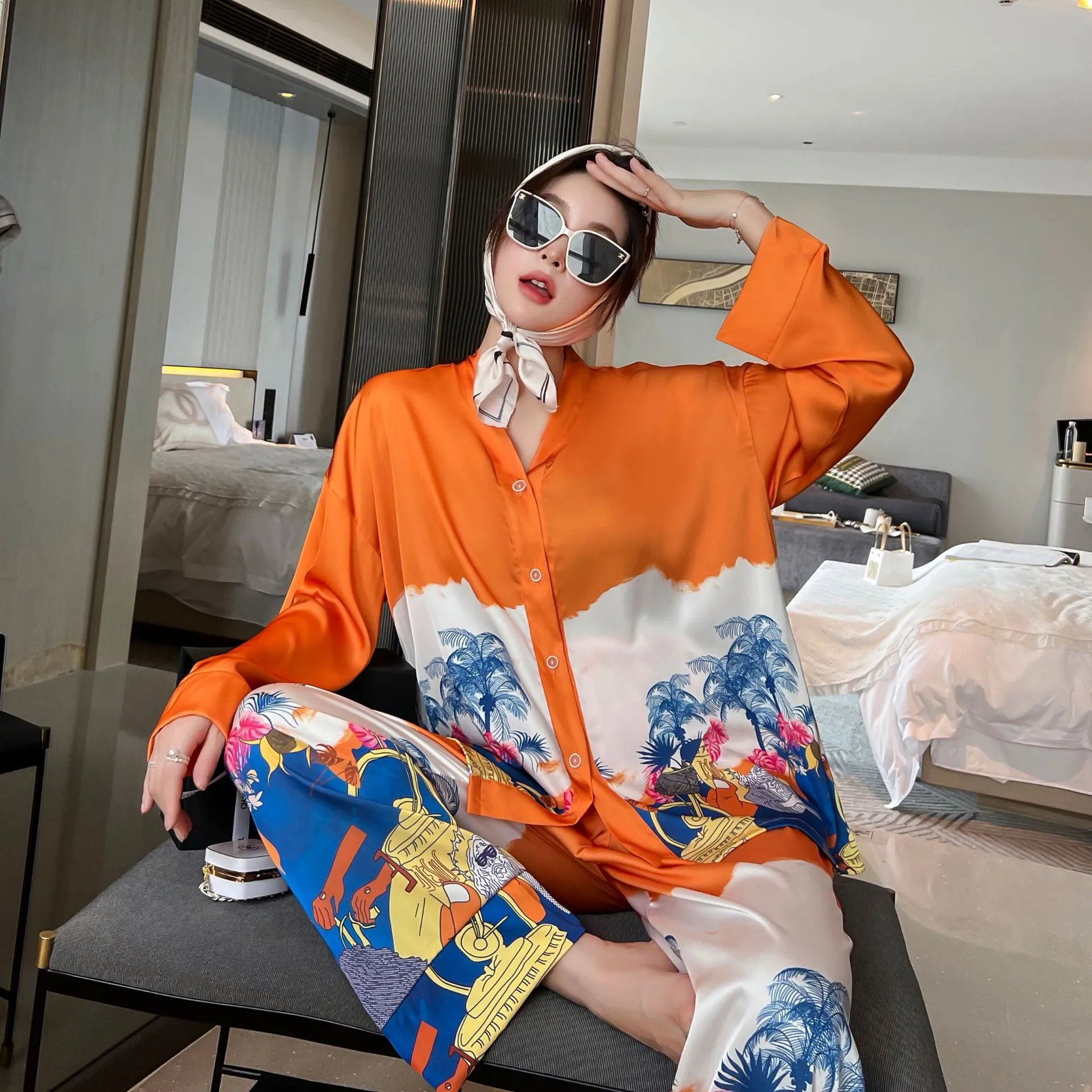 Women's Pajamas Set Luxury Orange Coconut Print Sleepwear Silk Like Homewear V Neck Nightwear Leisure Loungewear