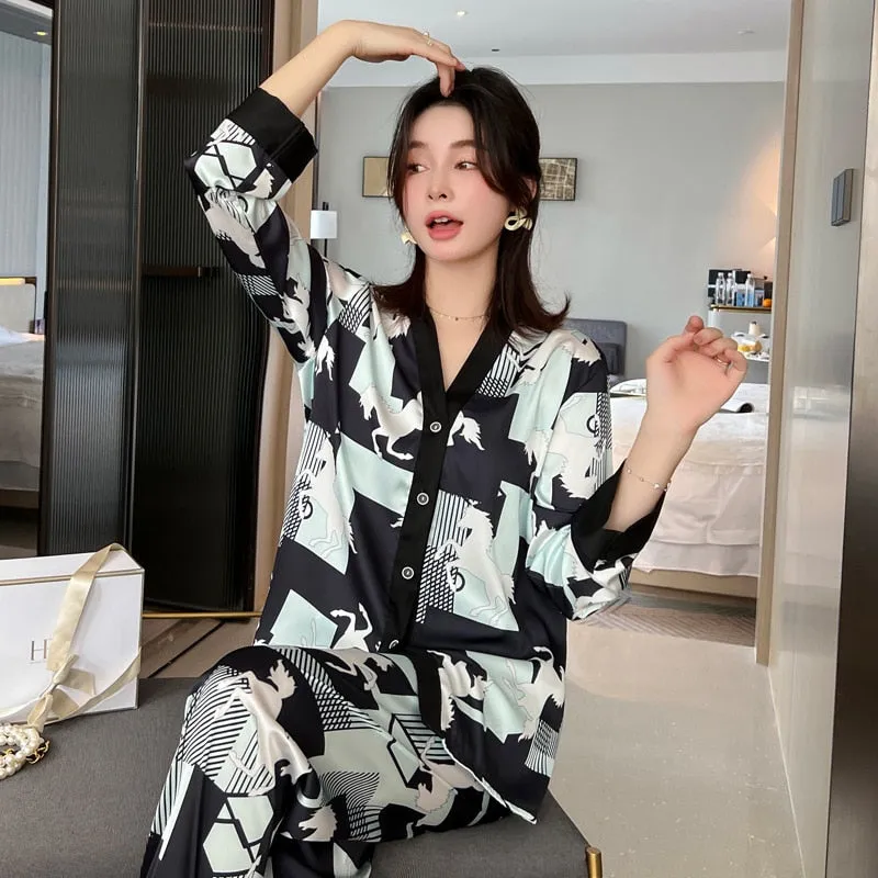 Women's Pajamas Set Luxury Orange Coconut Print Sleepwear Silk Like Homewear V Neck Nightwear Leisure Loungewear